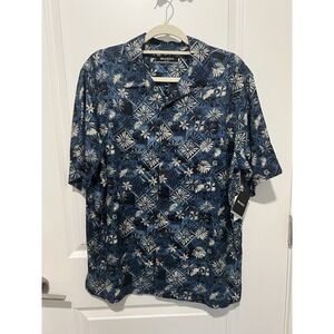Brandini‎ Blue Patterned Short-Sleeve Button-Up 100% Pure Silk Size Medium NWT